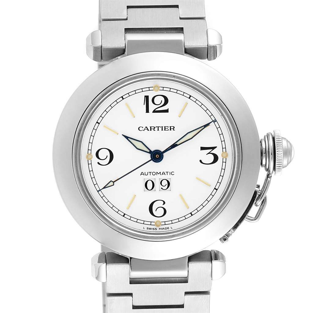 The image shows a front view of a Cartier Pasha W31044M7 Men's Stainless Steel White Dial W31044M7 Men's Stainless Steel White Dial watch, highlighting its face, crown, and part of the metal bracelet.