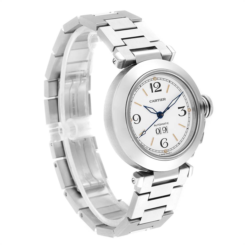 The image shows a Cartier Pasha W31044M7 Men's Stainless Steel White Dial W31044M7 Men's Stainless Steel White Dial model watch at an angled side view, highlighting its round face and metal bracelet.