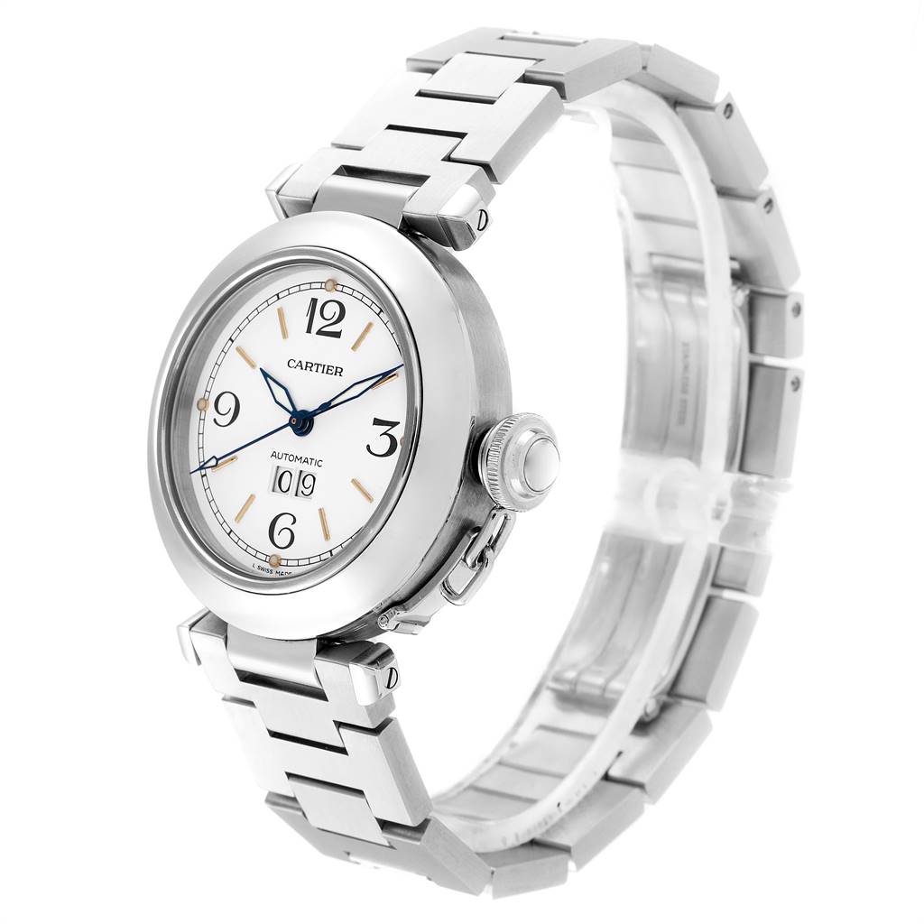 The Cartier Pasha W31044M7 Men's Stainless Steel White Dial W31044M7 Men's Stainless Steel White Dial watch is shown at a three-quarter angle, highlighting its round face, crown, and metal bracelet.