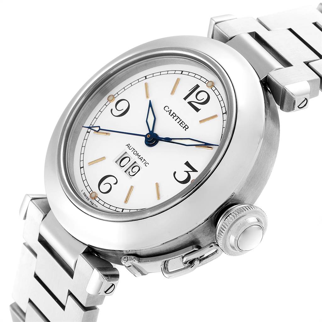 The image shows a Cartier Pasha W31044M7 Men's Stainless Steel White Dial W31044M7 Men's Stainless Steel White Dial model watch at an angle highlighting the face, crown, and part of the bracelet.