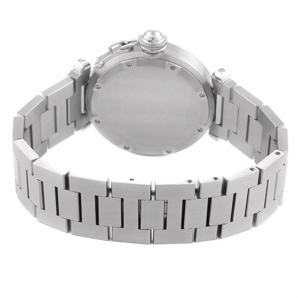 The image shows the back and bracelet of a Cartier Pasha W31044M7 Men's Stainless Steel White Dial W31044M7 Men's Stainless Steel White Dial watch, highlighting the stainless steel case and link design.