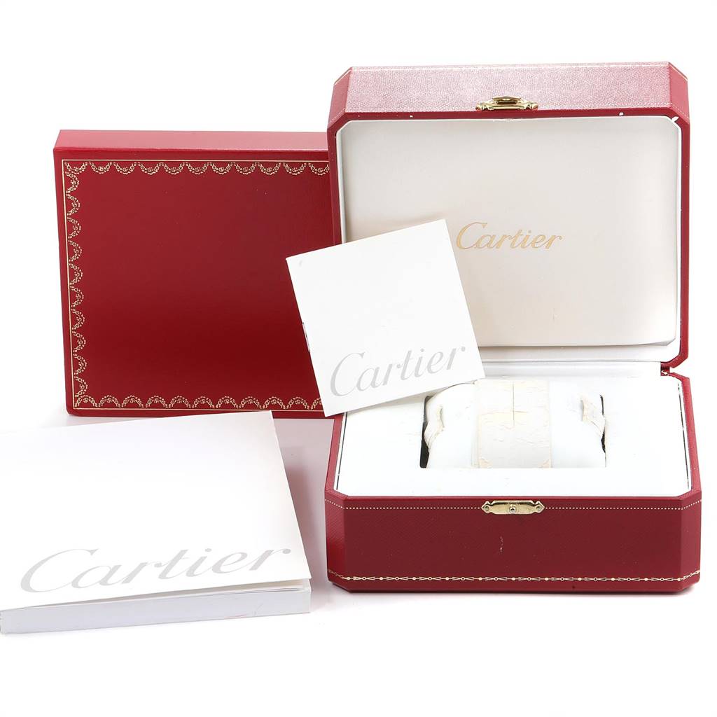 The image shows the packaging, including the box and documentation, for the Cartier Pasha W31058M7 Women
s Stainless Steel Pink Dial W31058M7 Women
s Stainless Steel Pink Dial watch model.