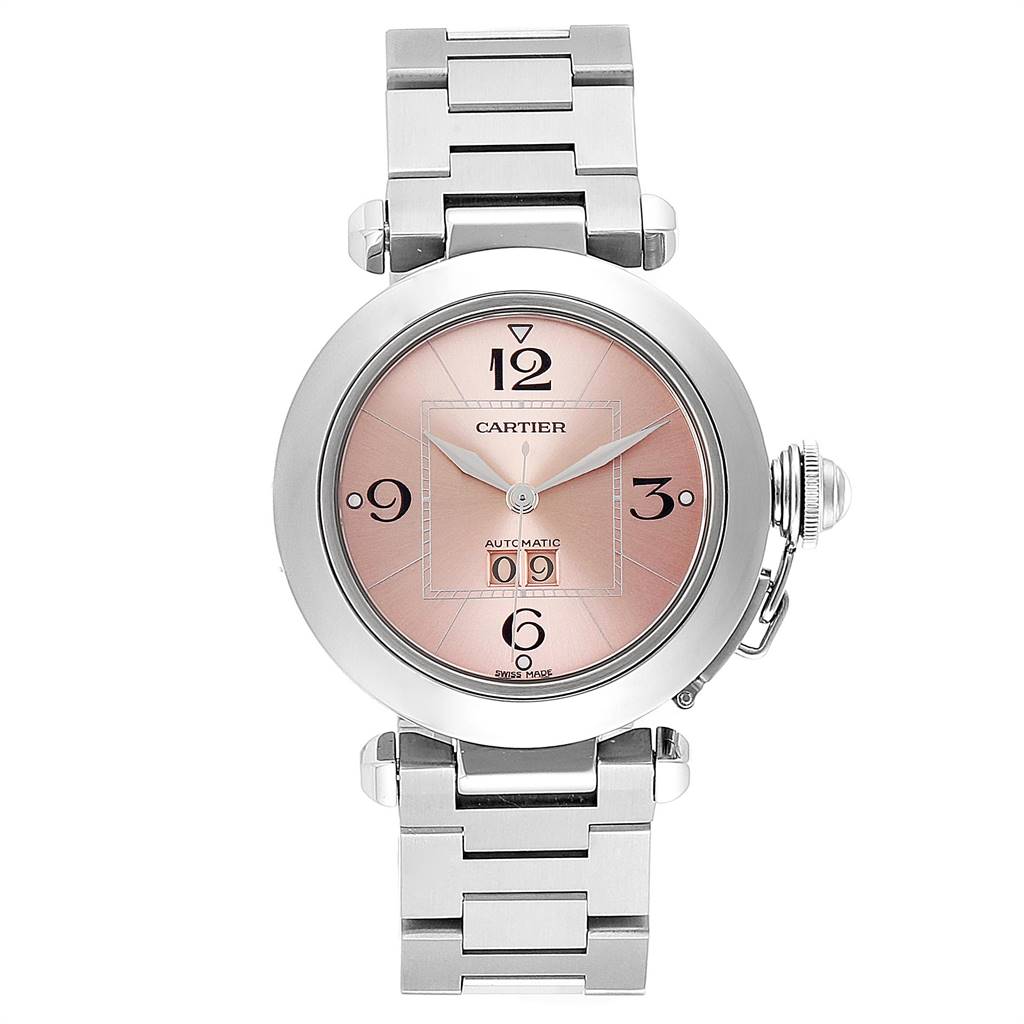 The Cartier Pasha W31058M7 Women
s Stainless Steel Pink Dial W31058M7 Women
s Stainless Steel Pink Dial watch is shown from a front angle, displaying its face, bezel, and part of the metal bracelet.