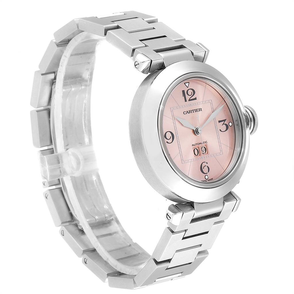The image shows a Cartier Pasha W31058M7 Women
s Stainless Steel Pink Dial W31058M7 Women
s Stainless Steel Pink Dial watch at an angle, highlighting the face, bezel, crown, and bracelet.