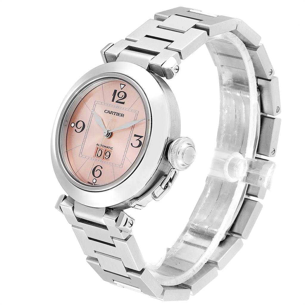 The Cartier Pasha W31058M7 Women
s Stainless Steel Pink Dial W31058M7 Women
s Stainless Steel Pink Dial watch is shown at a three-quarter angle, displaying the face, linking bracelet, and crown.