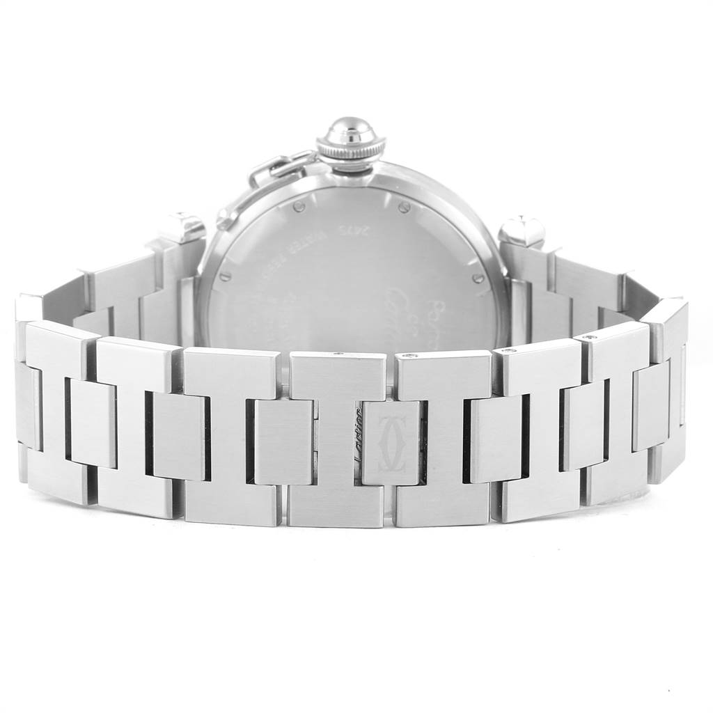 The image shows the back view of a Cartier Pasha W31058M7 Women
s Stainless Steel Pink Dial W31058M7 Women
s Stainless Steel Pink Dial model watch, focusing on its stainless steel bracelet and case back.