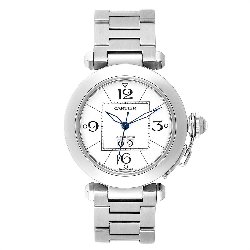 This image shows a front view of the Cartier Pasha W31055M7 Stainless Steel White Dial W31055M7 Stainless Steel White Dial model watch, displaying its face, bracelet, and crown.