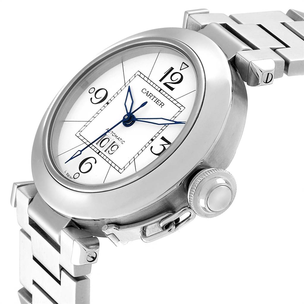 This image shows a side-angle view of a Cartier Pasha W31055M7 Stainless Steel White Dial W31055M7 Stainless Steel White Dial watch, highlighting the dial, crown, and metal bracelet.