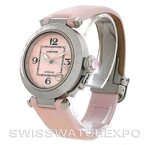 This image shows a Cartier Pasha W3109599 Women's Stainless Steel Mother of Pearl Dial W3109599 Women's Stainless Steel Mother of Pearl Dial watch at a 3/4 angle, highlighting its pink dial and strap.