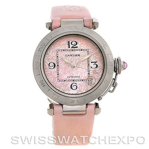 The image shows a frontal view of a Cartier Pasha W3109599 Women's Stainless Steel Mother of Pearl Dial W3109599 Women's Stainless Steel Mother of Pearl Dial watch with a pink strap and a pink patterned dial.