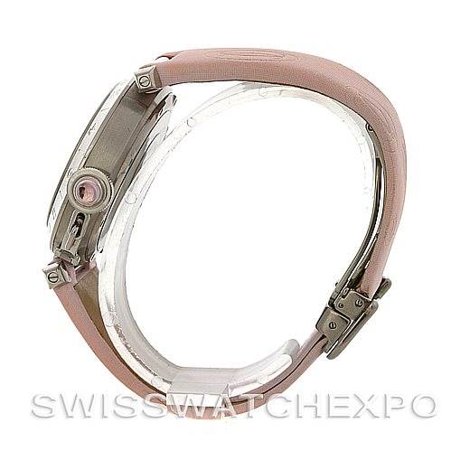 The image shows a side view of the Cartier Pasha W3109599 Women's Stainless Steel Mother of Pearl Dial W3109599 Women's Stainless Steel Mother of Pearl Dial watch, highlighting the case and pink strap.