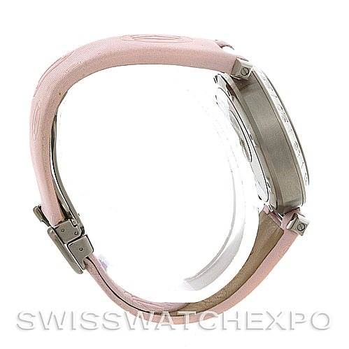 The image shows a side view of the Cartier Pasha W3109599 Women's Stainless Steel Mother of Pearl Dial W3109599 Women's Stainless Steel Mother of Pearl Dial watch, highlighting its pink strap and stainless steel case.