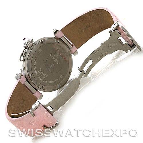 The image shows the back view of a Cartier Pasha W3109599 Women's Stainless Steel Mother of Pearl Dial W3109599 Women's Stainless Steel Mother of Pearl Dial watch, focusing on the case back and pink leather straps with a stainless steel clasp.