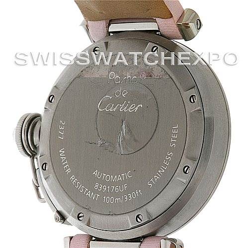 The image shows the back case of a Cartier Pasha W3109599 Women's Stainless Steel Mother of Pearl Dial W3109599 Women's Stainless Steel Mother of Pearl Dial watch, detailing its automatic movement, water resistance, and stainless steel composition.
