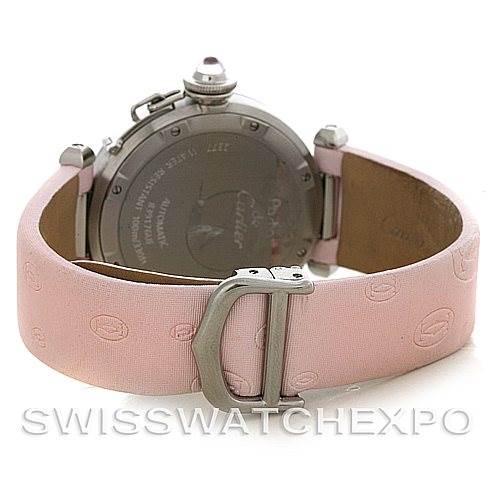 This image shows the back of the Pasha de Cartier watch with a pink strap and deployant clasp.