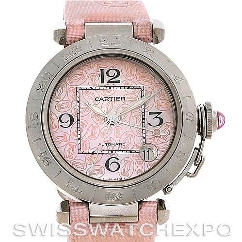 The image shows a Cartier Pasha W3109599 Women's Stainless Steel Mother of Pearl Dial W3109599 Women's Stainless Steel Mother of Pearl Dial watch at a front angle, highlighting its pink strap and dial with floral patterns.