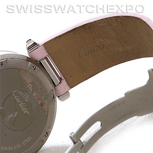 The image shows the back of a Cartier Pasha W3109599 Women's Stainless Steel Mother of Pearl Dial W3109599 Women's Stainless Steel Mother of Pearl Dial watch and part of its strap, focusing on the stainless steel case and leather strap.