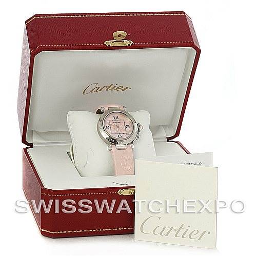 The image displays a Cartier Pasha W3109599 Women's Stainless Steel Mother of Pearl Dial W3109599 Women's Stainless Steel Mother of Pearl Dial watch in a red Cartier box, accompanied by booklets and a pillow cushion.