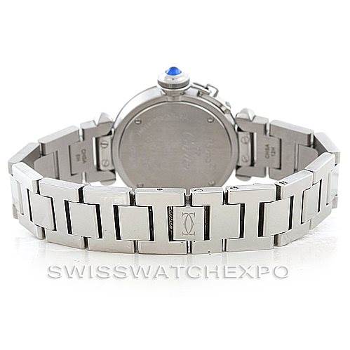 The image shows the back view of a Cartier Pasha W31043M7 Women
s Stainless Steel Silver Dial W31043M7 Women
s Stainless Steel Silver Dial watch, highlighting its metal bracelet and back case.