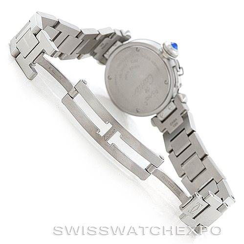 The image shows the back and bracelet of a Cartier Pasha W31043M7 Women
s Stainless Steel Silver Dial W31043M7 Women
s Stainless Steel Silver Dial watch from a rear angle.