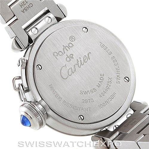 The image shows the back side of a Cartier Pasha W31043M7 Women
s Stainless Steel Silver Dial W31043M7 Women
s Stainless Steel Silver Dial watch, highlighting the case back and part of the bracelet.