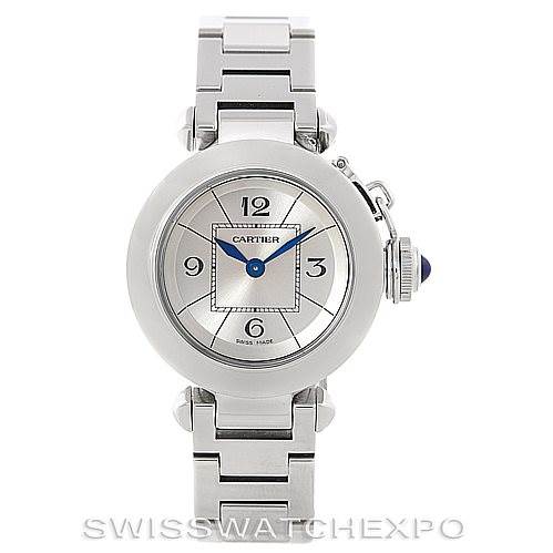 The Cartier Pasha W31043M7 Women
s Stainless Steel Silver Dial W31043M7 Women
s Stainless Steel Silver Dial watch is pictured from the front, highlighting its silver dial, blue hands, and metal bracelet.