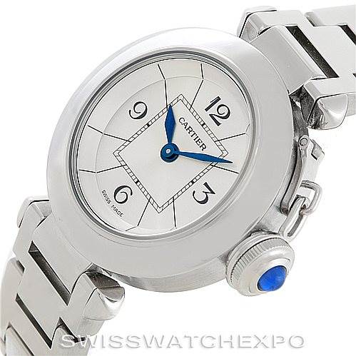 This image shows a Cartier Pasha W31043M7 Women
s Stainless Steel Silver Dial W31043M7 Women
s Stainless Steel Silver Dial watch at an angled view, focusing on the dial, crown, and part of the bracelet.