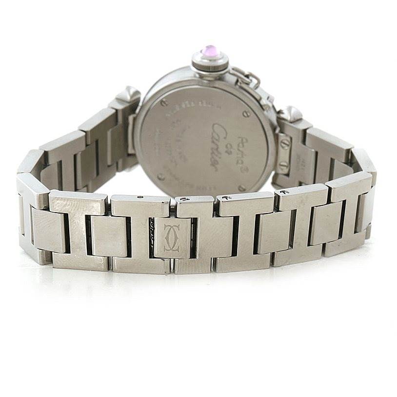 The image shows the back view of a Cartier Pasha W3140008 Women
s Stainless Steel Pink Dial W3140008 Women
s Stainless Steel Pink Dial watch, highlighting its case back and metal bracelet.