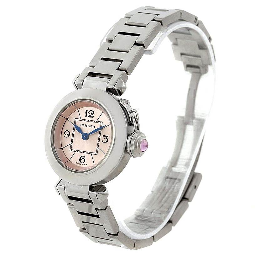 This image shows a Cartier Pasha W3140008 Women
s Stainless Steel Pink Dial W3140008 Women
s Stainless Steel Pink Dial model watch from an angled perspective, highlighting the dial, case, and metal bracelet.