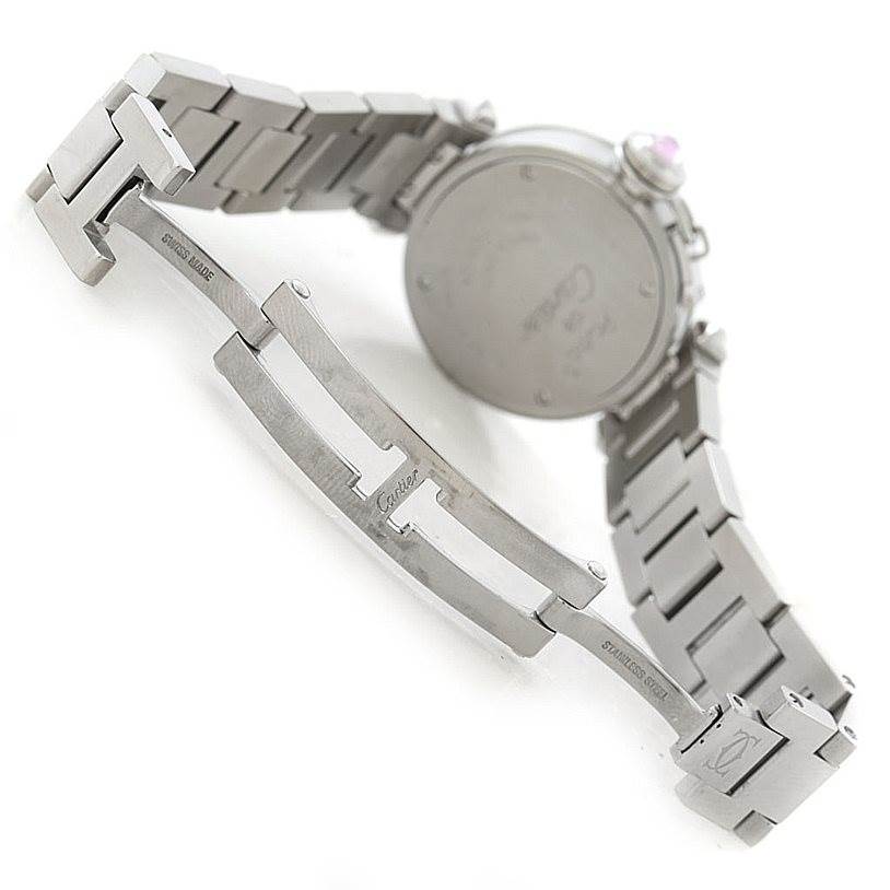 The image shows the clasp, case back, and part of the bracelet of a Cartier Pasha W3140008 Women
s Stainless Steel Pink Dial W3140008 Women
s Stainless Steel Pink Dial watch, photographed from the underside.