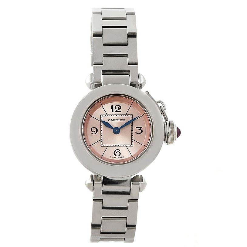 This image shows a Cartier Pasha W3140008 Women
s Stainless Steel Pink Dial W3140008 Women
s Stainless Steel Pink Dial model watch from a front view, displaying its face, bracelet, and crown.