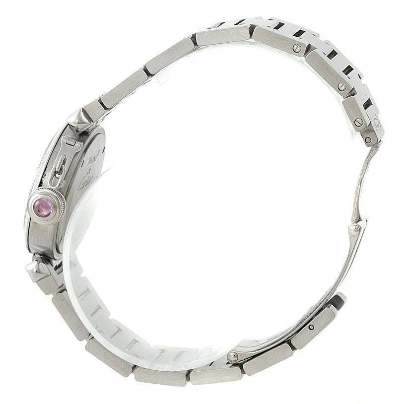 The image shows a side view of a Cartier Pasha W3140008 Women
s Stainless Steel Pink Dial W3140008 Women
s Stainless Steel Pink Dial watch highlighting the crown and bracelet links.