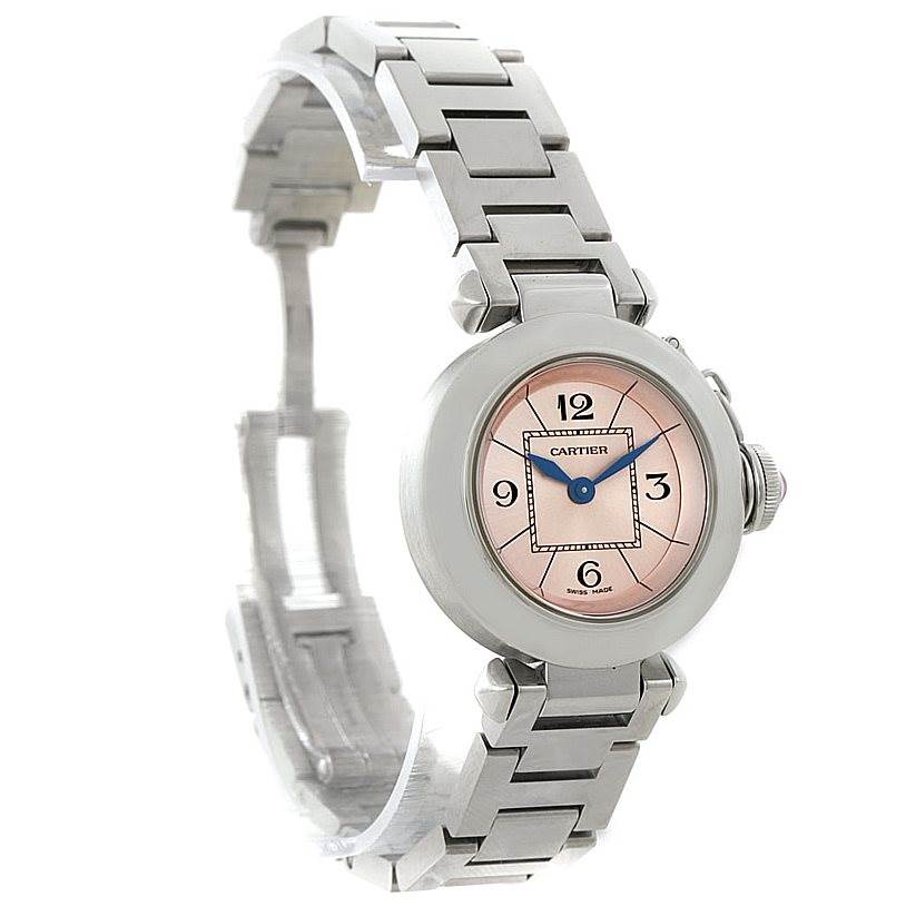 This image shows a Cartier Pasha W3140008 Women
s Stainless Steel Pink Dial W3140008 Women
s Stainless Steel Pink Dial watch from a front-right angle, displaying its face, bezel, and bracelet.