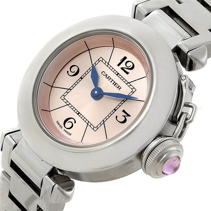 This image showcases the Cartier Pasha W3140008 Women
s Stainless Steel Pink Dial W3140008 Women
s Stainless Steel Pink Dial watch at a slight angle, highlighting its dial, bezel, crown, and part of the bracelet.