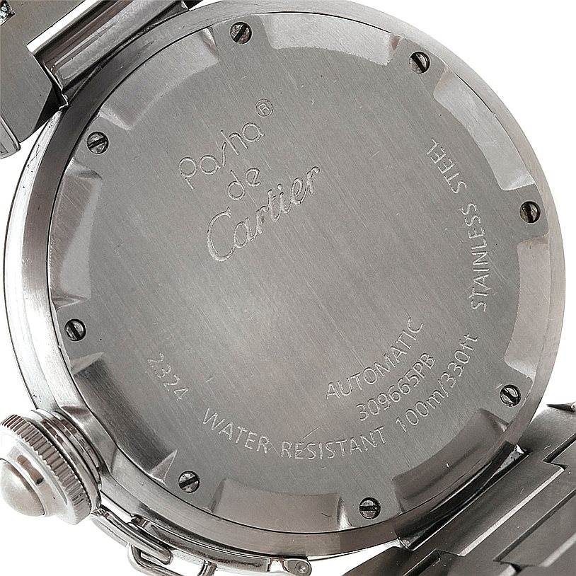 This image shows the back case of a Cartier Pasha W31075M7 Women
s Stainless Steel Pink Dial W31075M7 Women
s Stainless Steel Pink Dial watch, highlighting its engravings and stainless steel finish.