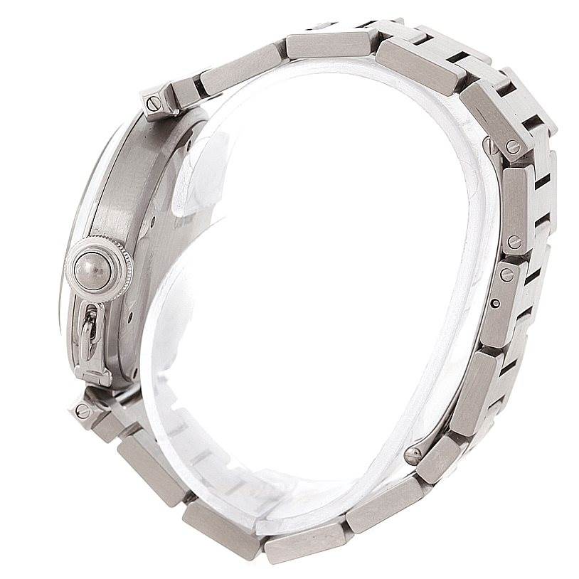 The image shows a side view of the metal bracelet and case, including the crown, of the Cartier Pasha W31075M7 Women
s Stainless Steel Pink Dial W31075M7 Women
s Stainless Steel Pink Dial watch.