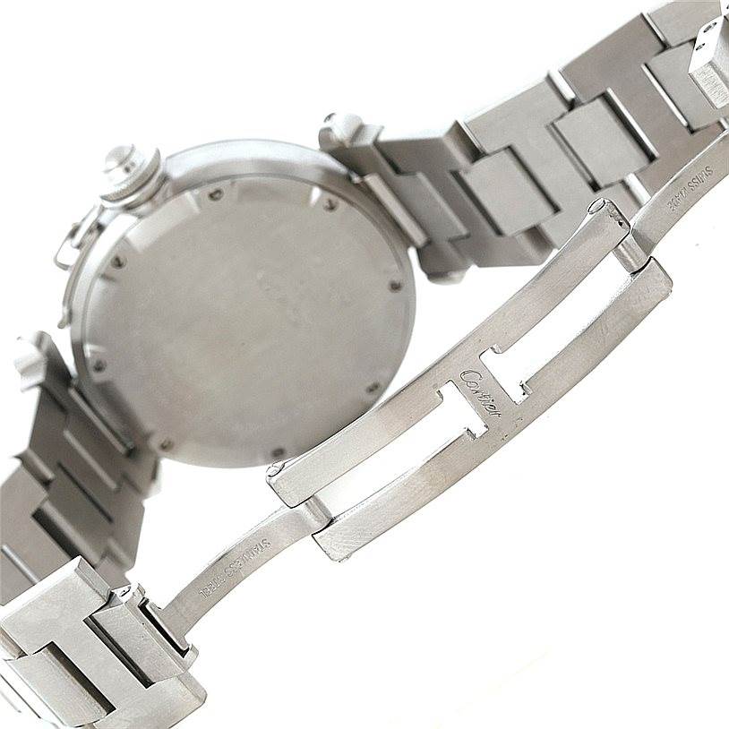This image shows the back case and clasp of the Cartier Pasha W31075M7 Women
s Stainless Steel Pink Dial W31075M7 Women
s Stainless Steel Pink Dial watch.