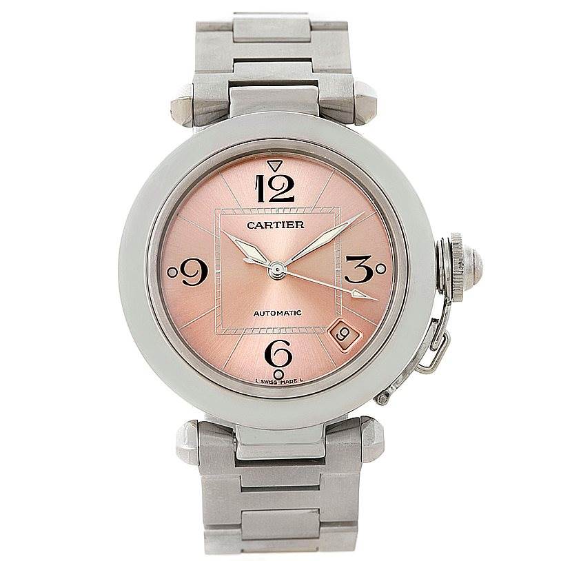 This is a front view of the Cartier Pasha W31075M7 Women
s Stainless Steel Pink Dial W31075M7 Women
s Stainless Steel Pink Dial model watch showing its face, bezel, and metal bracelet.