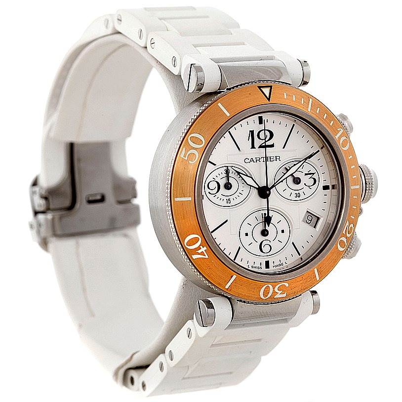 This image shows a Cartier Pasha W3140004 Men
s Stainless Steel Silver Dial W3140004 Men
s Stainless Steel Silver Dial watch at a three-quarter angle, highlighting the dial, bezel, and portion of the strap.