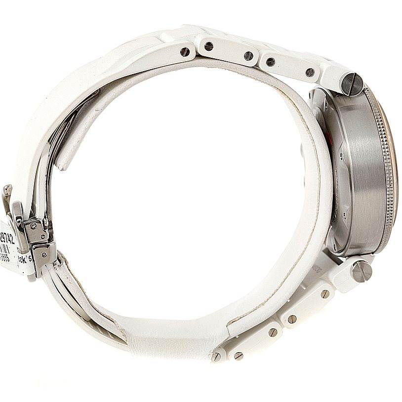 This image shows a side angle view of a Cartier Pasha W3140004 Men
s Stainless Steel Silver Dial W3140004 Men
s Stainless Steel Silver Dial watch, highlighting its white strap, case, and deployment clasp.