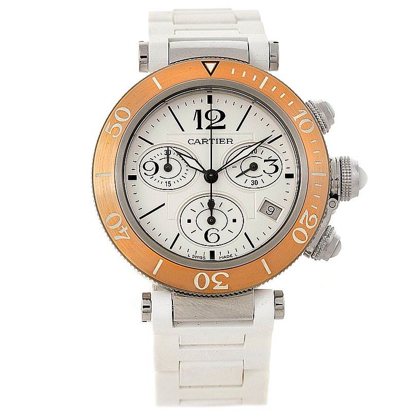 The image shows a front view of the Cartier Pasha W3140004 Men
s Stainless Steel Silver Dial W3140004 Men
s Stainless Steel Silver Dial watch, displaying its round dial, three subdials, and a rotating bezel.