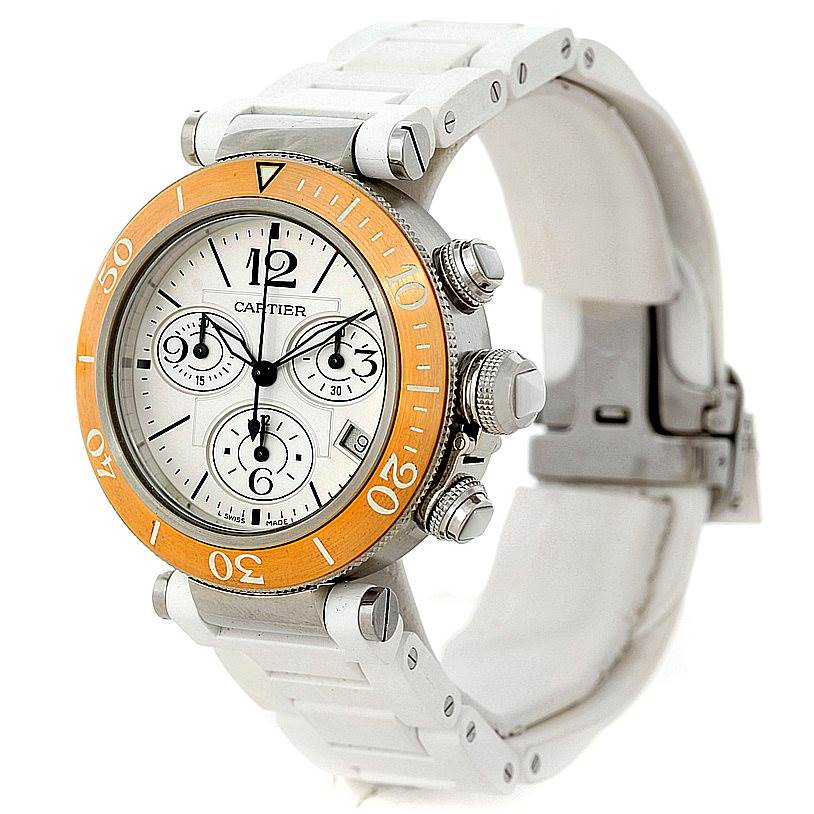 The Cartier Pasha W3140004 Men
s Stainless Steel Silver Dial W3140004 Men
s Stainless Steel Silver Dial watch is shown at a three-quarter angle, displaying the face, bezel, and part of the strap.