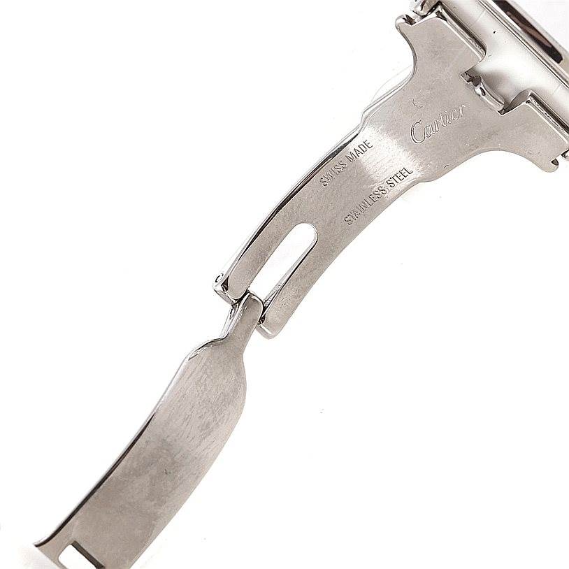 The image shows the clasp mechanism of a Cartier Pasha W3140004 Men
s Stainless Steel Silver Dial W3140004 Men
s Stainless Steel Silver Dial watch from a side angle.