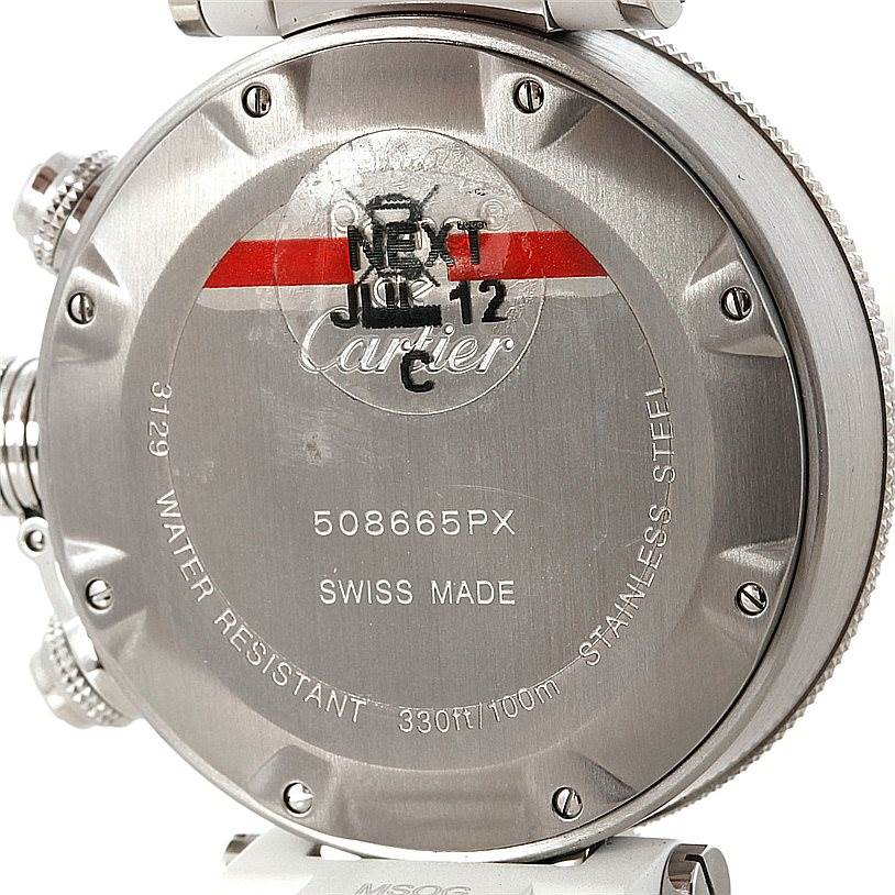 This image shows the stainless steel back of a Cartier Pasha W3140004 Men
s Stainless Steel Silver Dial W3140004 Men
s Stainless Steel Silver Dial watch, displaying the model details and various inscriptions.