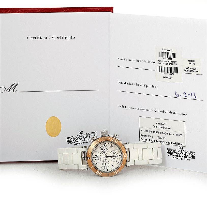 The Cartier Pasha W3140004 Men
s Stainless Steel Silver Dial W3140004 Men
s Stainless Steel Silver Dial watch is shown from the front, accompanied by its certificate and warranty documents.
