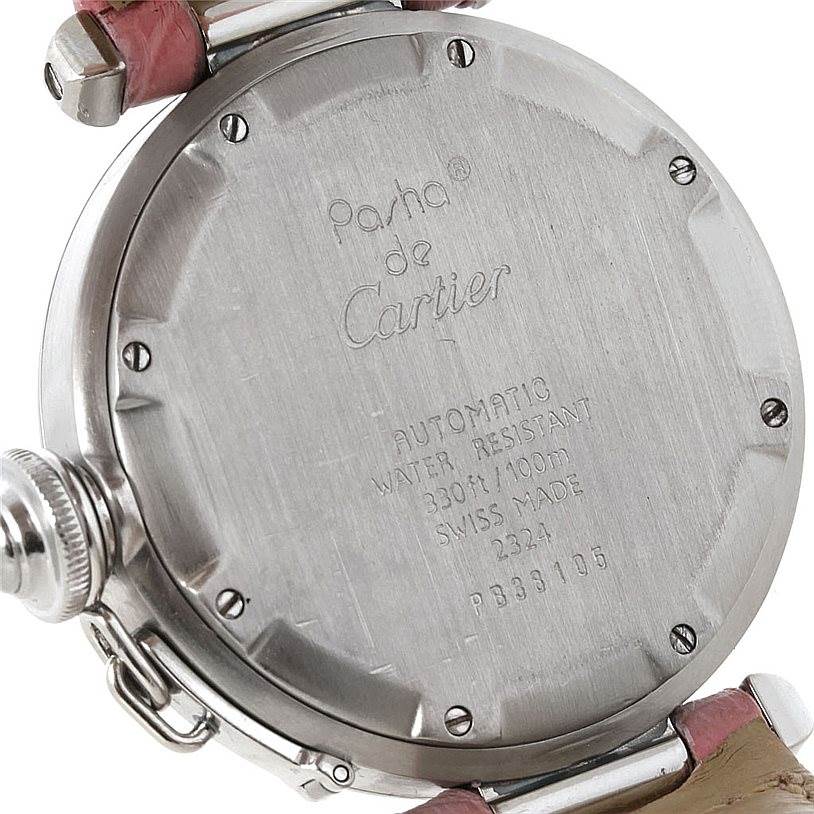 The image shows the back case of the Cartier Pasha W31015M7 Women's Stainless Steel White Dial W31015M7 Women's Stainless Steel White Dial watch, highlighting its engraving and water resistance details.