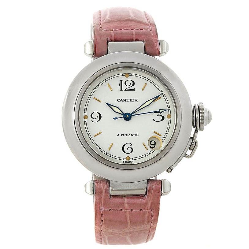 This image shows a front view of a Cartier Pasha W31015M7 Women's Stainless Steel White Dial W31015M7 Women's Stainless Steel White Dial watch, highlighting the dial, case, crown, and pink leather strap.