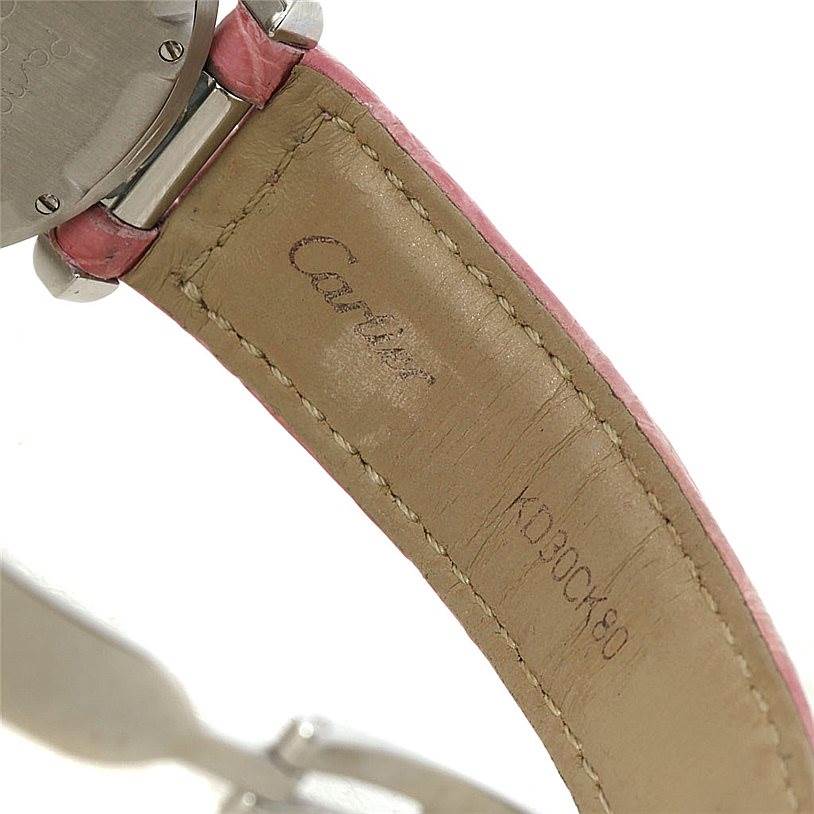 This image shows the underside of the watch strap and part of the back case of the Cartier Pasha W31015M7 Women's Stainless Steel White Dial W31015M7 Women's Stainless Steel White Dial model.