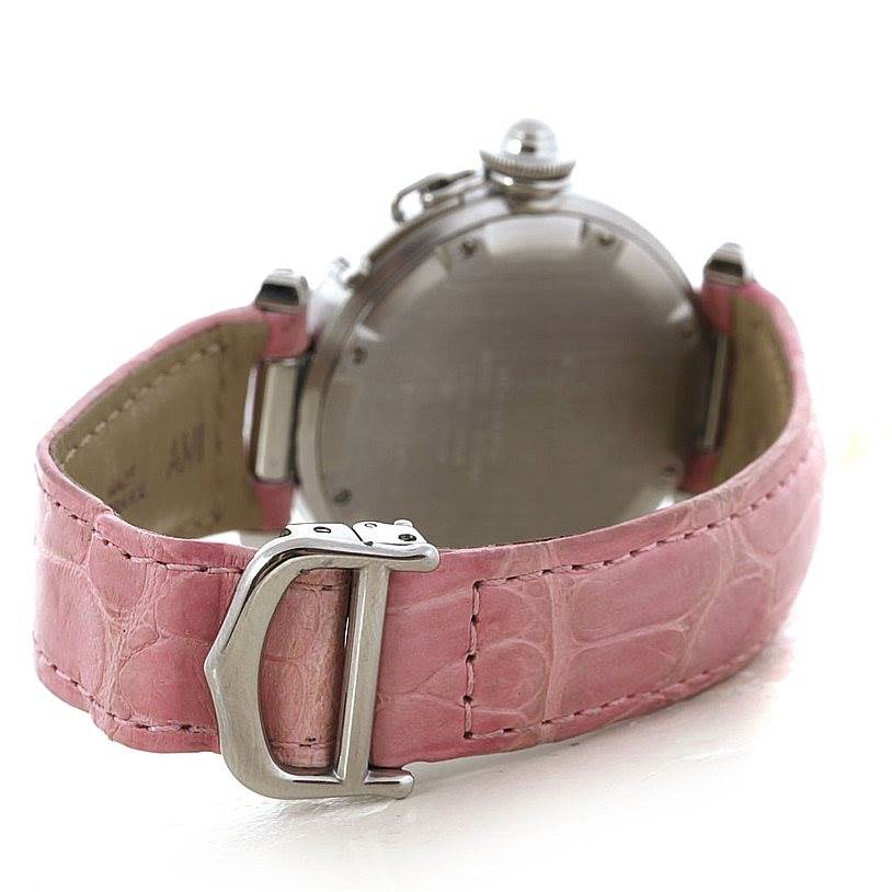 The image shows the back view of the Cartier Pasha W31015M7 Women's Stainless Steel White Dial W31015M7 Women's Stainless Steel White Dial watch, featuring a pink leather strap and stainless steel buckle.