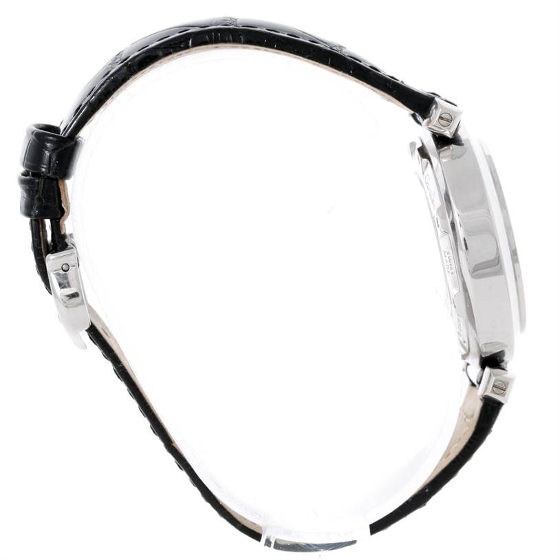 This image shows a side view of the Cartier Pasha WJ11902G Women's White Gold Silver Dial WJ11902G Women's White Gold Silver Dial watch, highlighting its black leather strap and case.